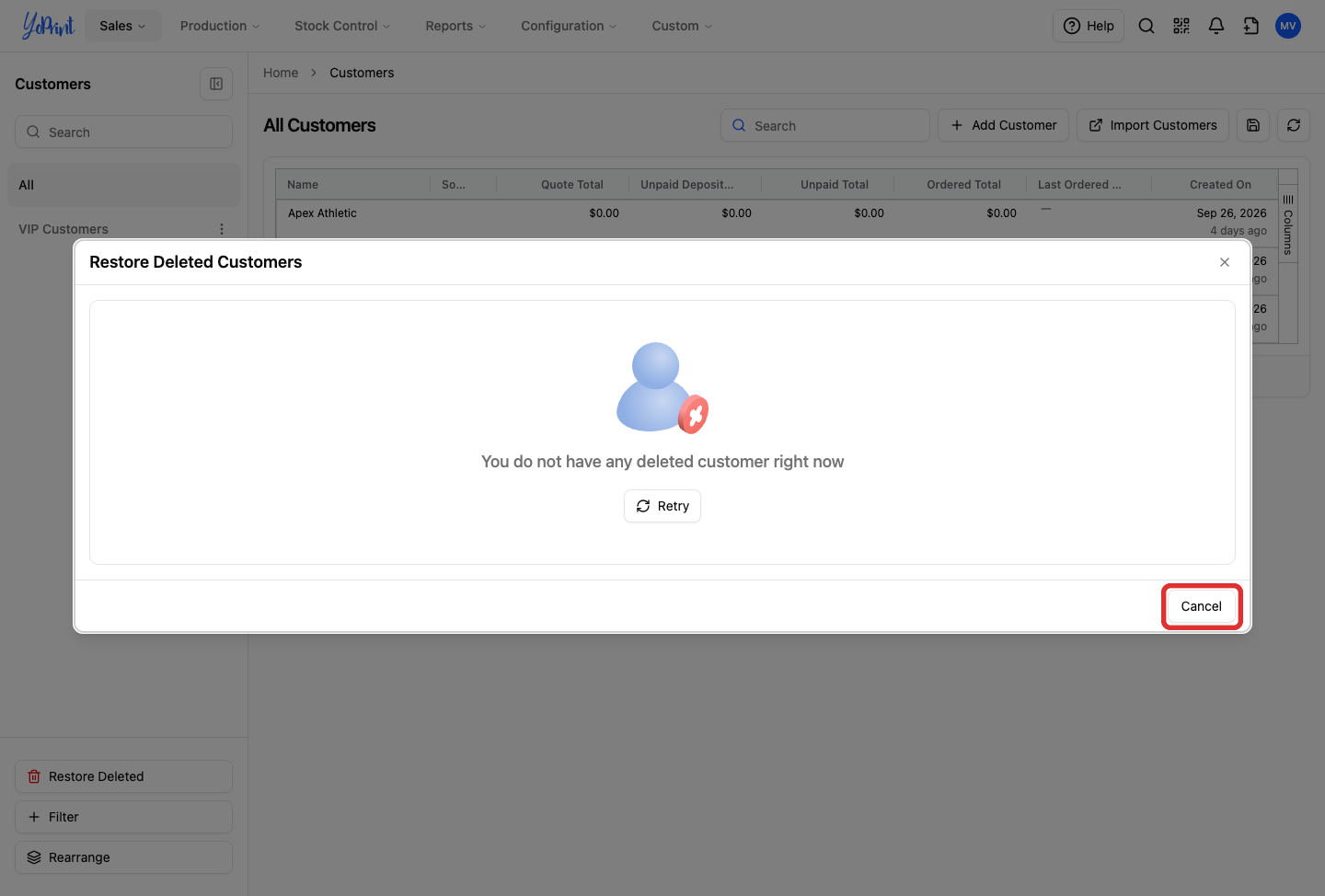 Cancel button outlined in Restore Deleted Customers dialog