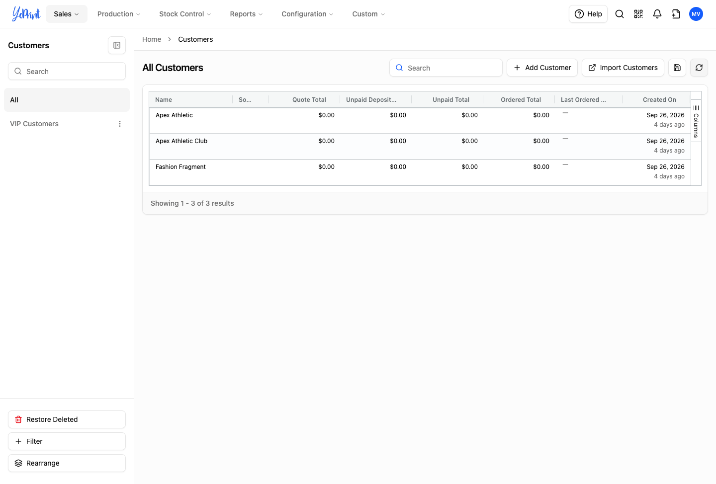 Customer list displaying restored customer record