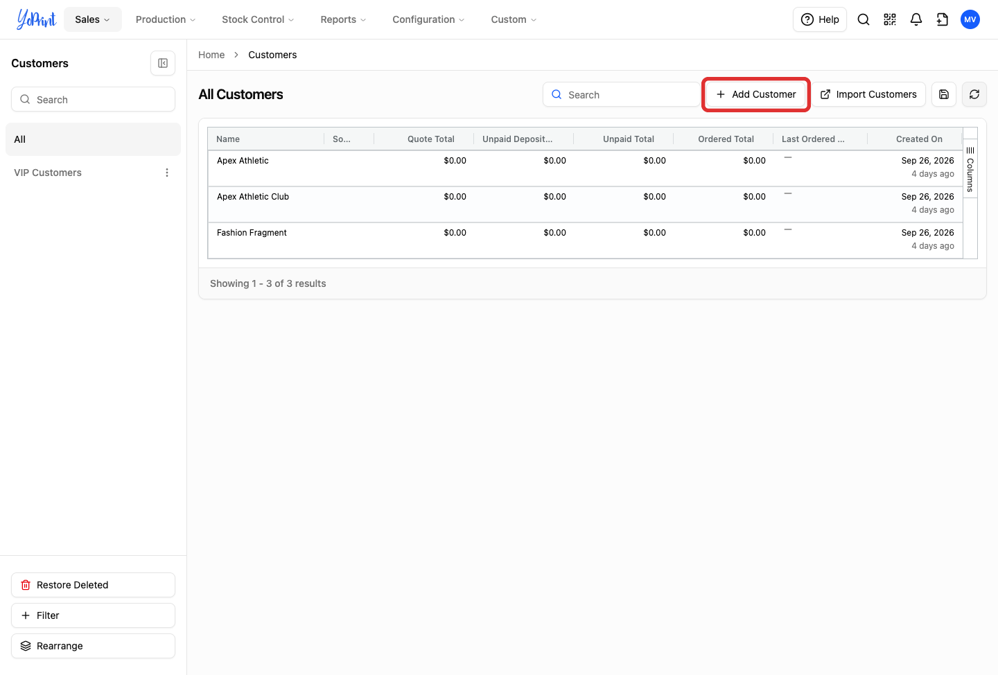Add Customer button on Customers page