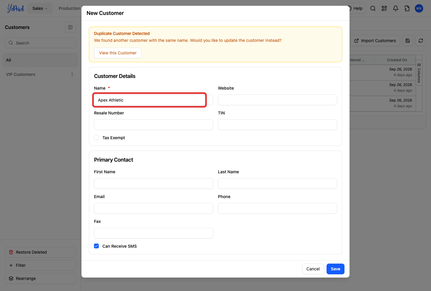Duplicate customer detected warning banner in New Customer dialog