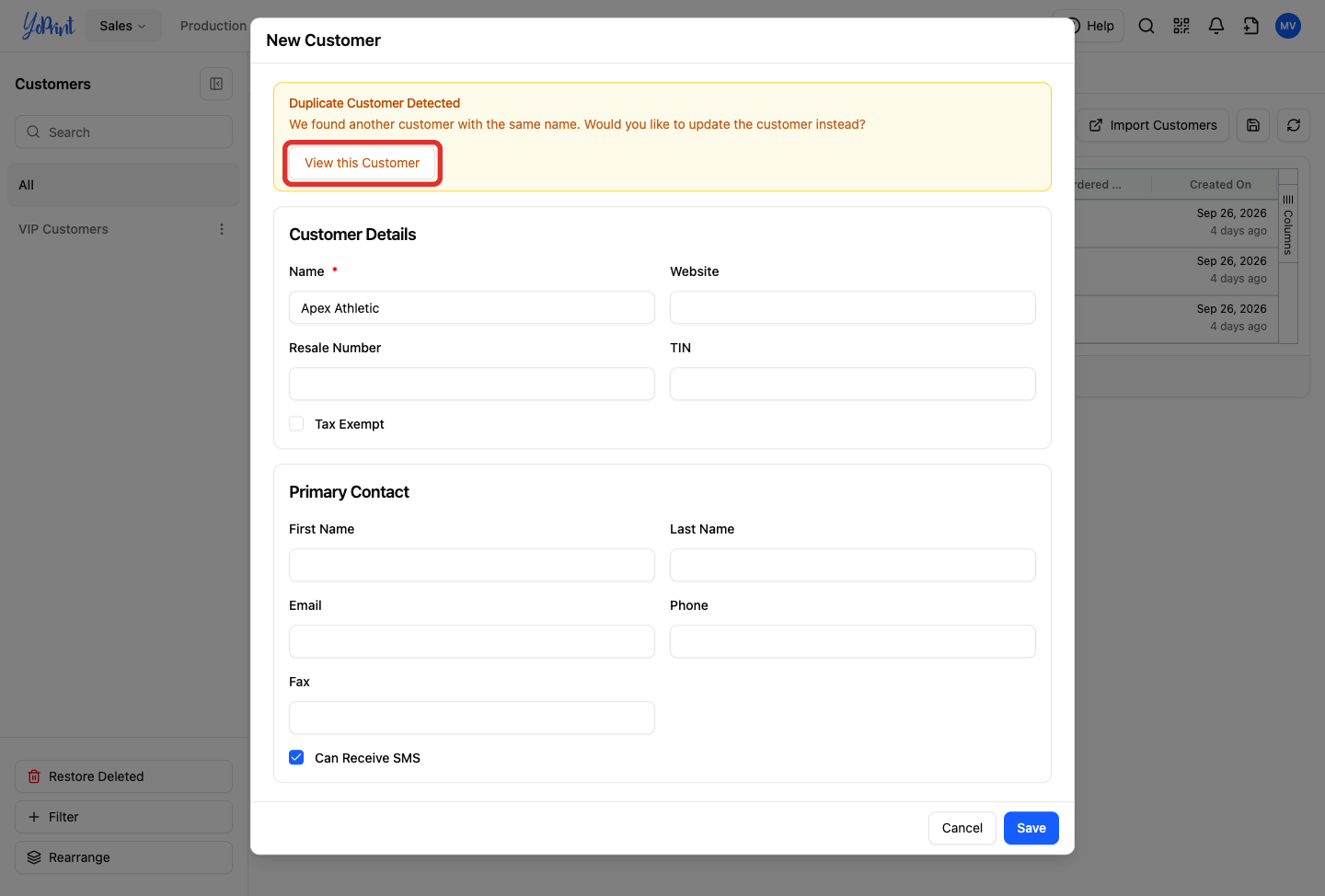 View this Customer button outlined in warning banner