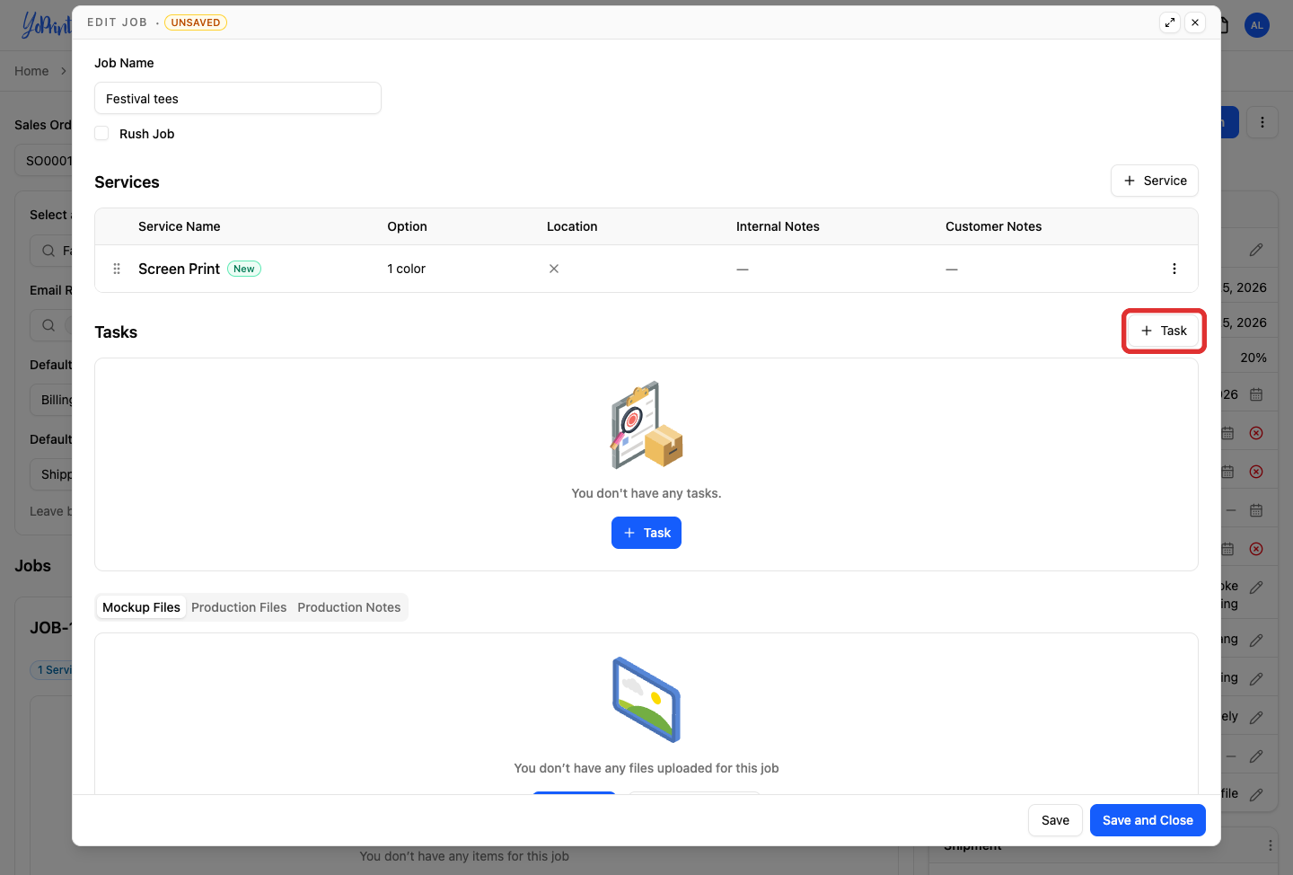 Task button on the job