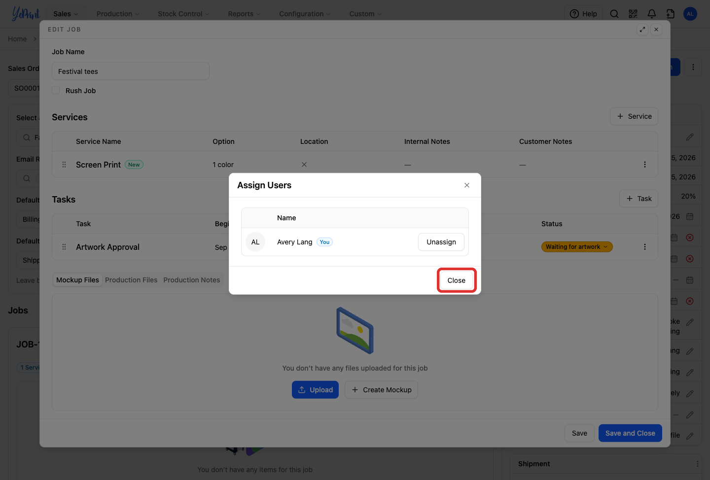 Close on the Assign Users dialog