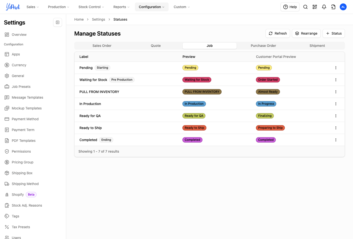 Job statuses, including Pre Production