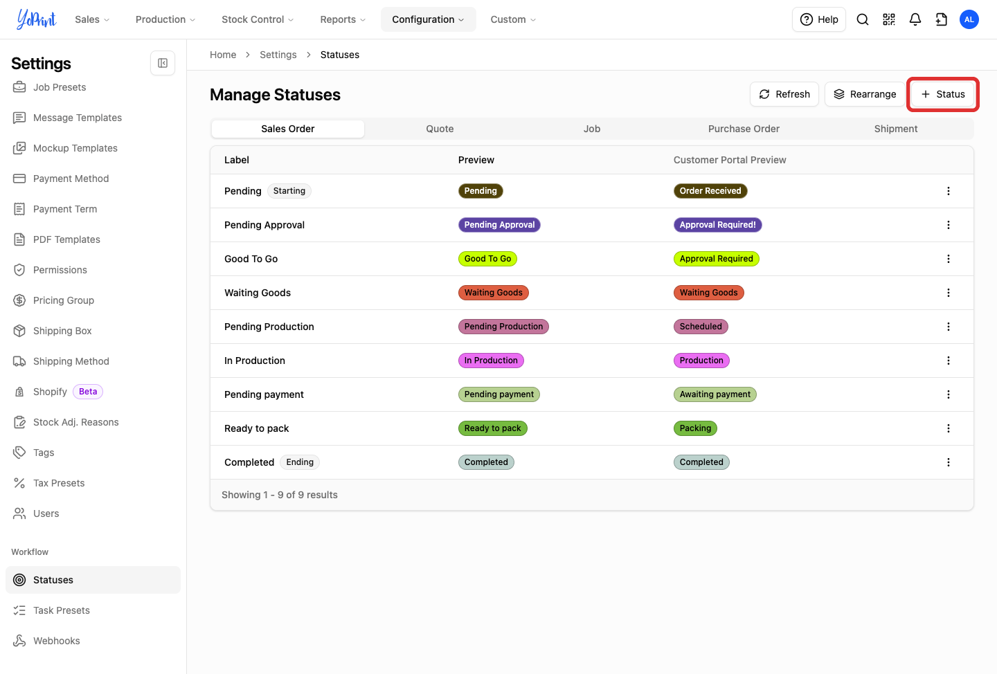 + Status button on Manage Statuses