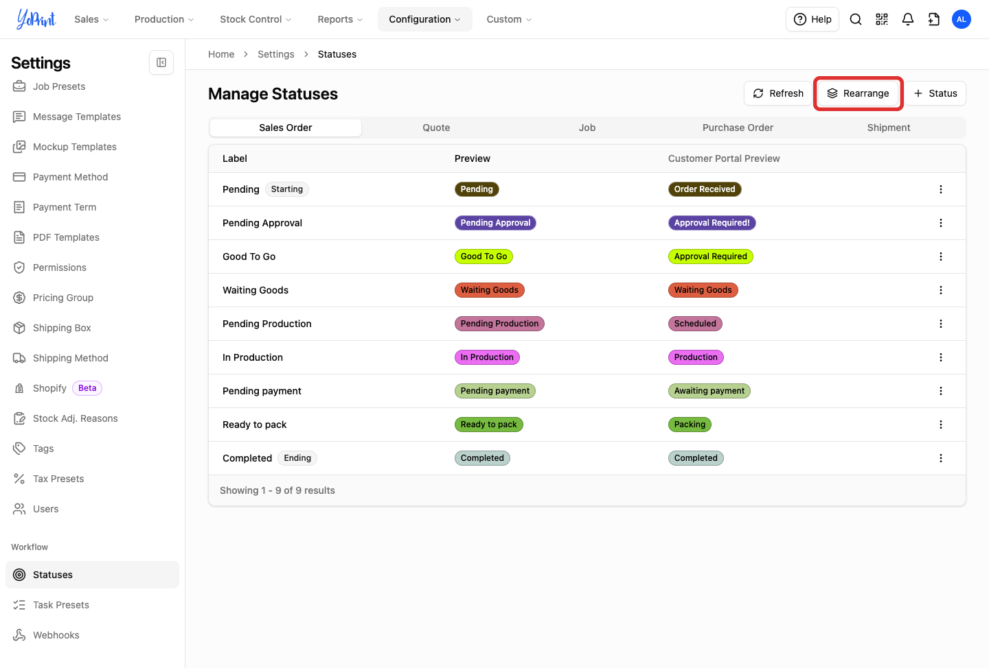 Rearrange on Manage Statuses