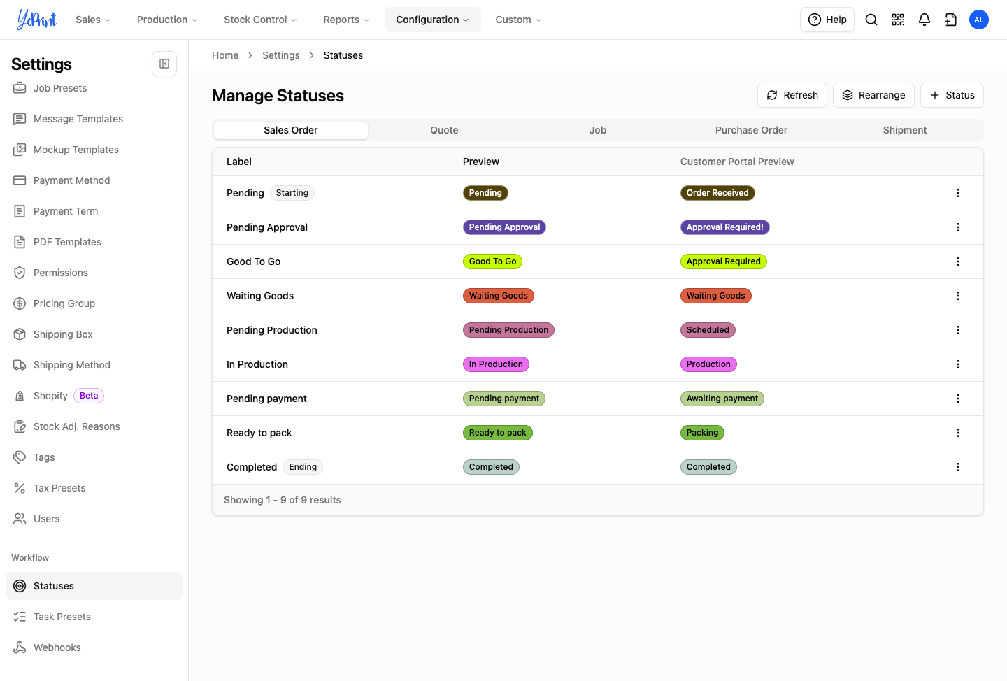Sales order statuses with Ready to pack before Completed