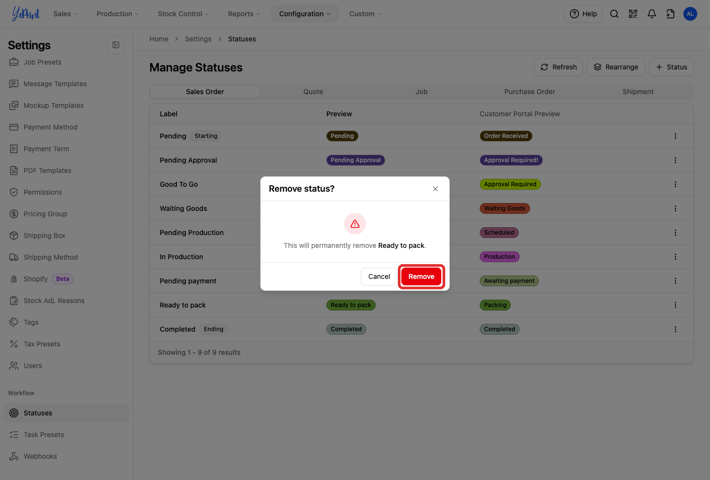 Remove status confirmation