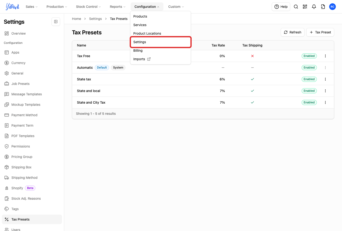 Configuration menu open, with Settings highlighted