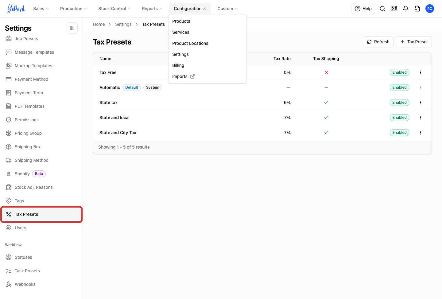 Tax Presets in the settings sidebar, highlighted