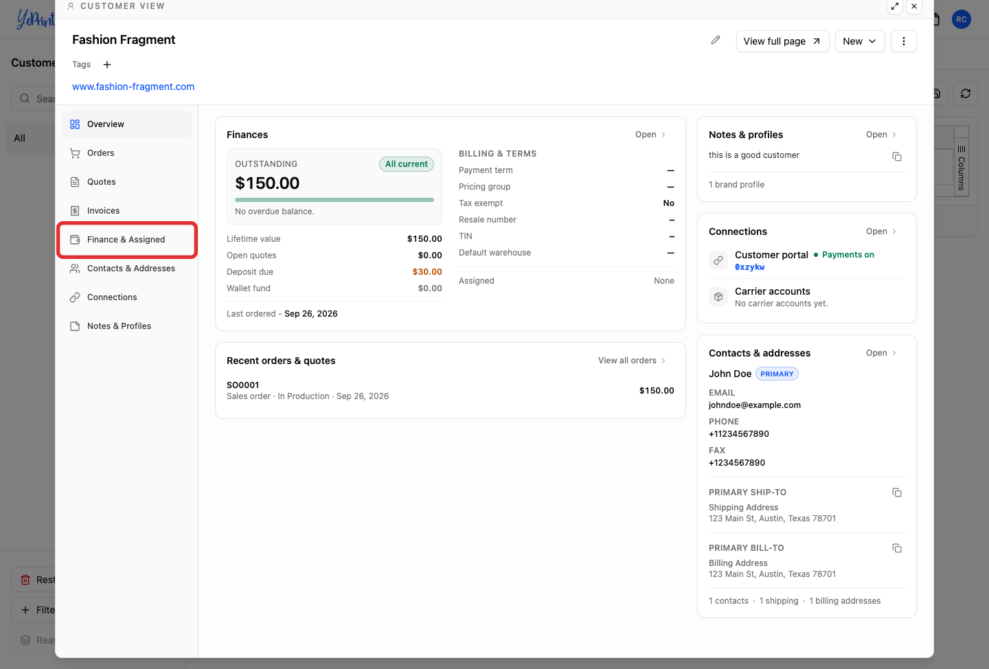 Finance & Assigned tab on the customer profile, highlighted