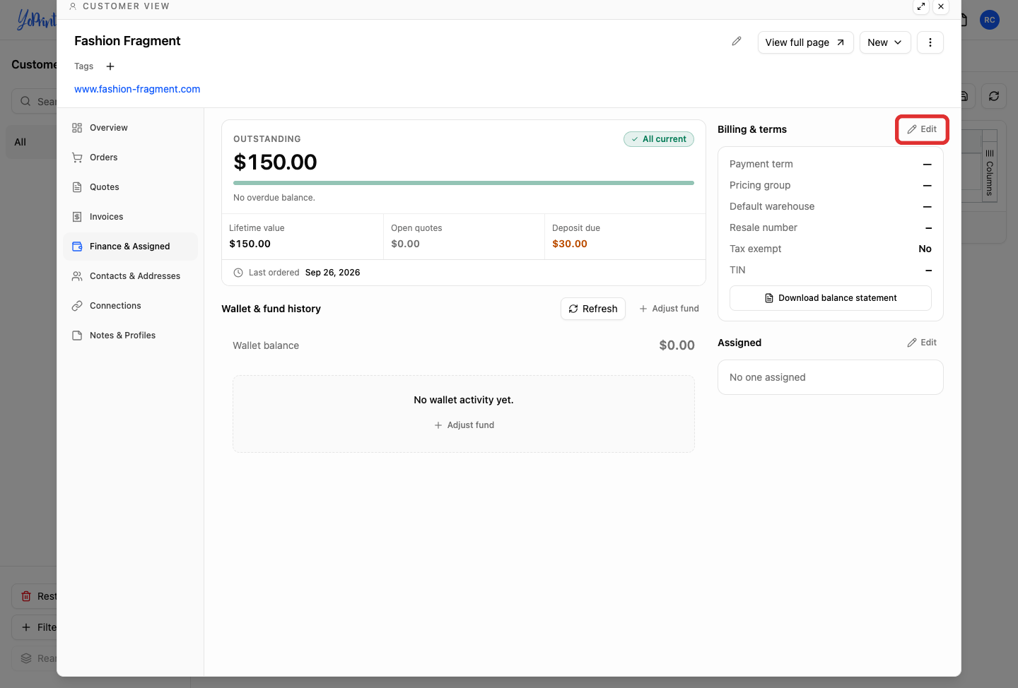 Edit button beside Billing & terms, highlighted