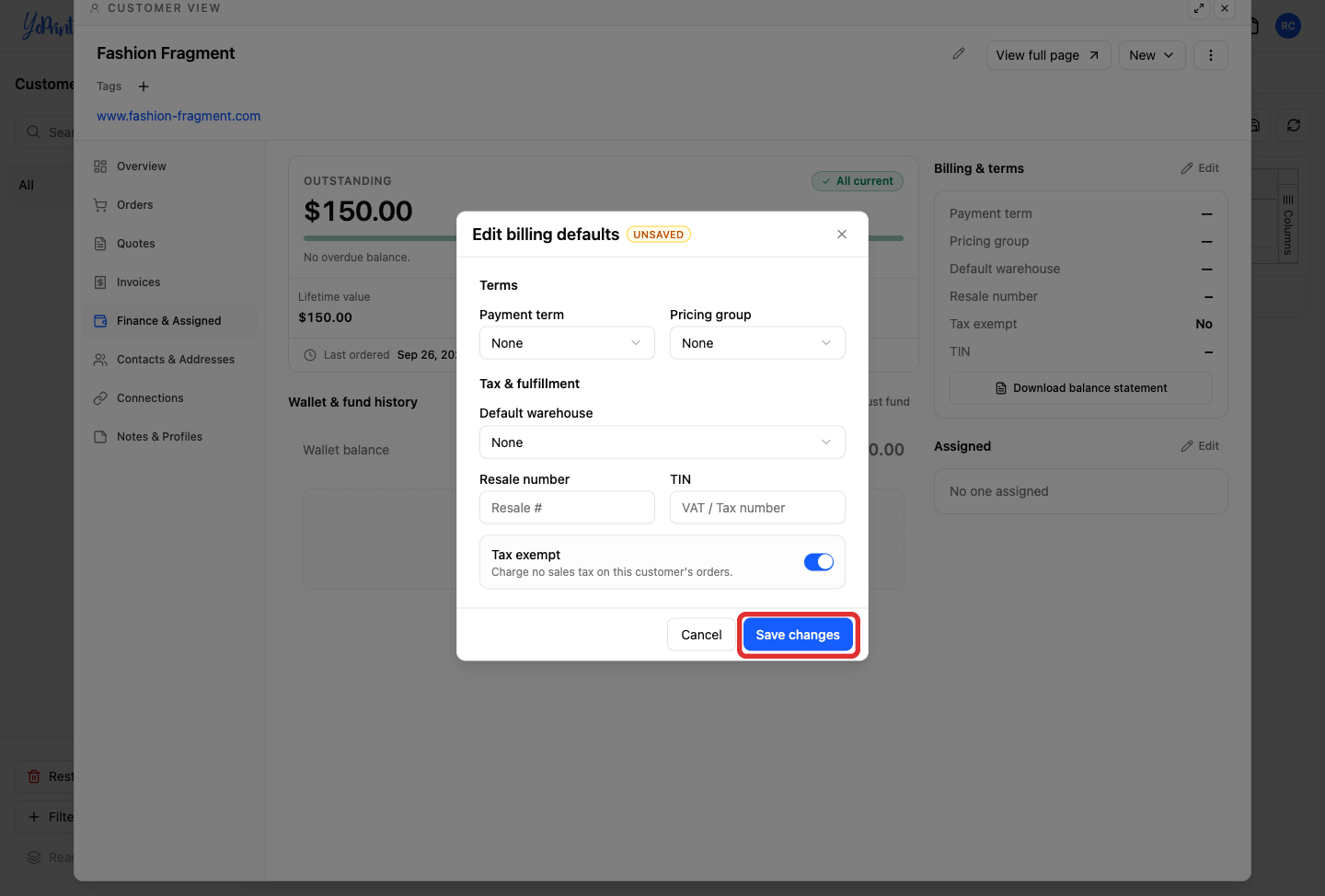 Save changes highlighted on the billing defaults form