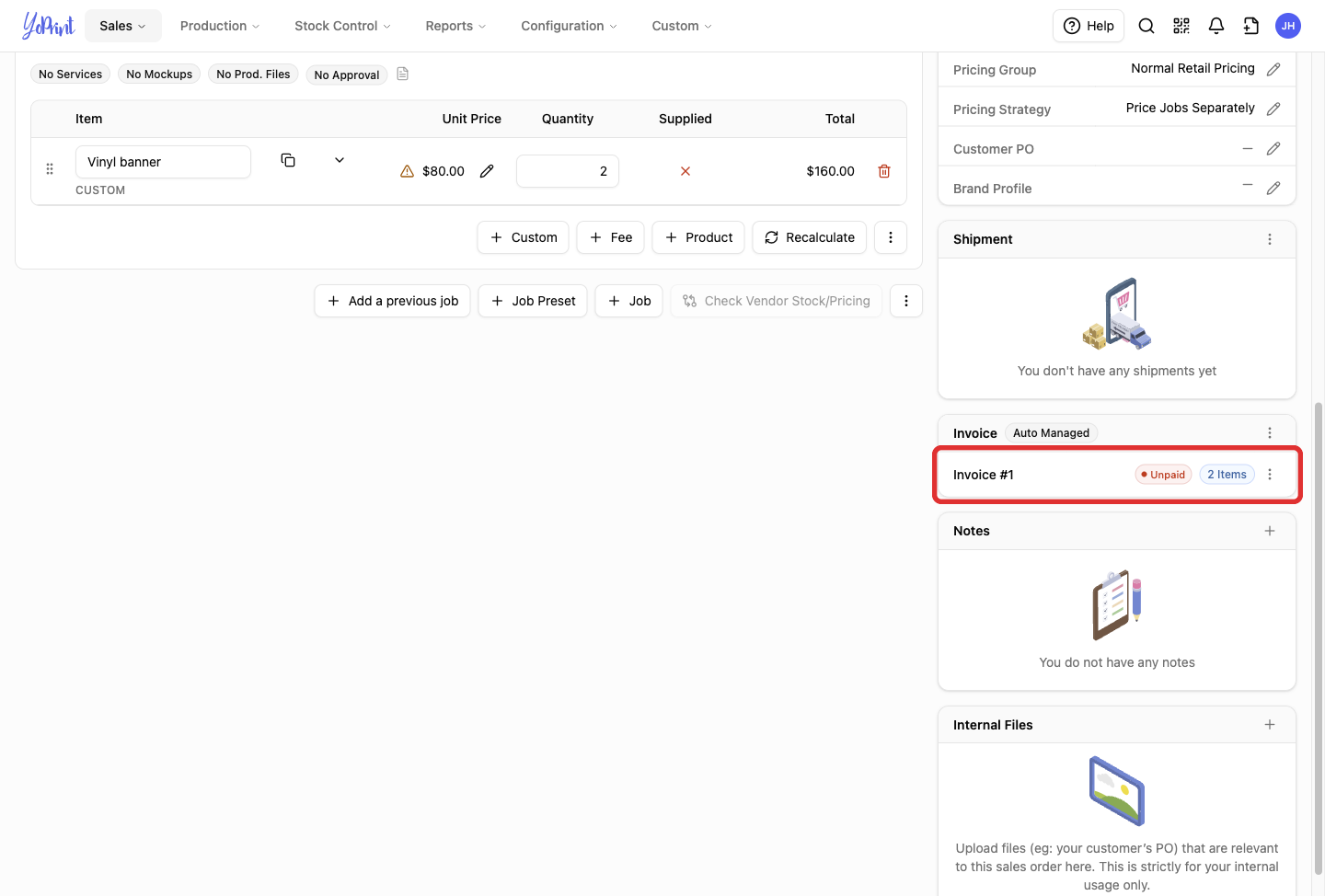 Invoice on the sales order