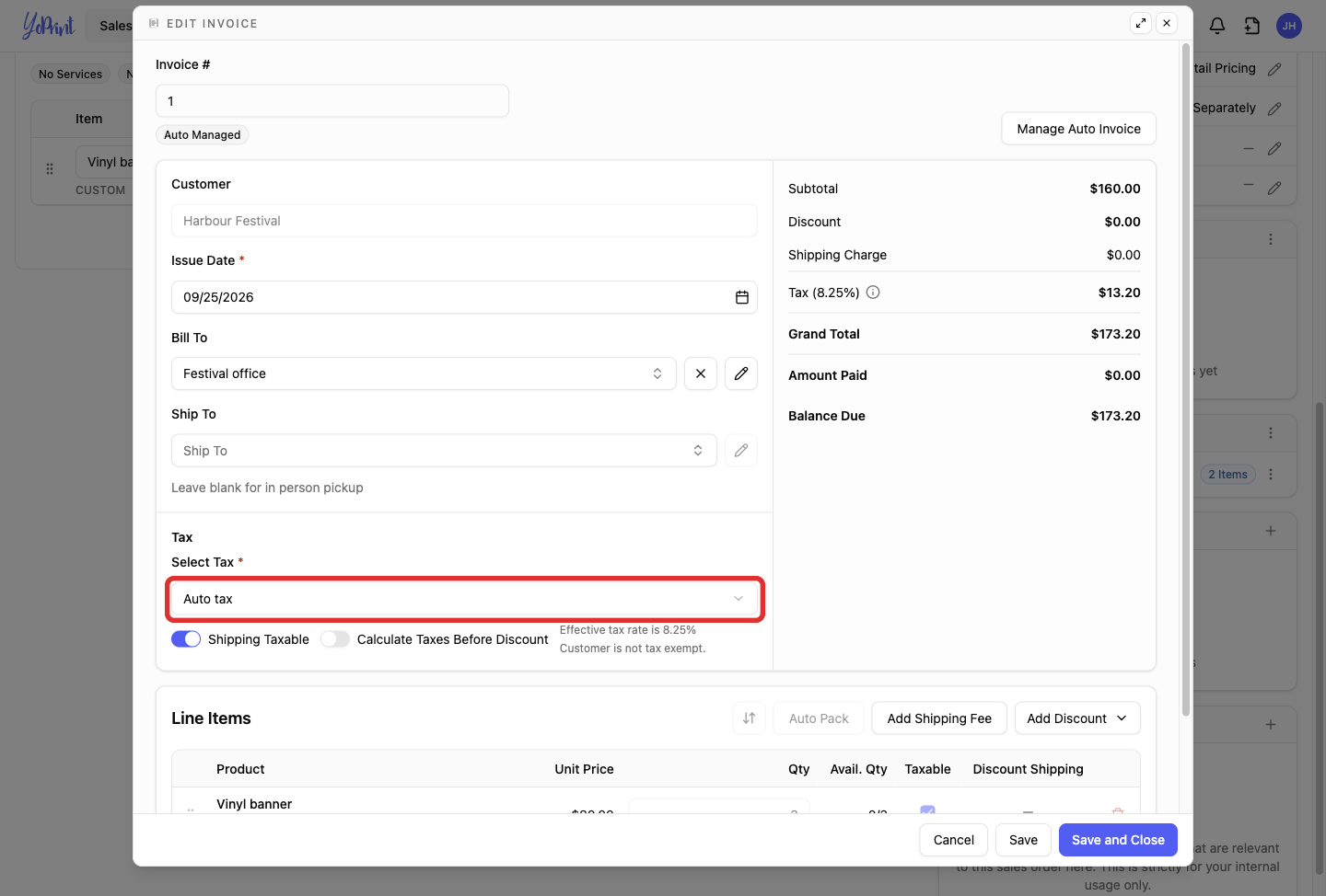 Select Tax on the invoice