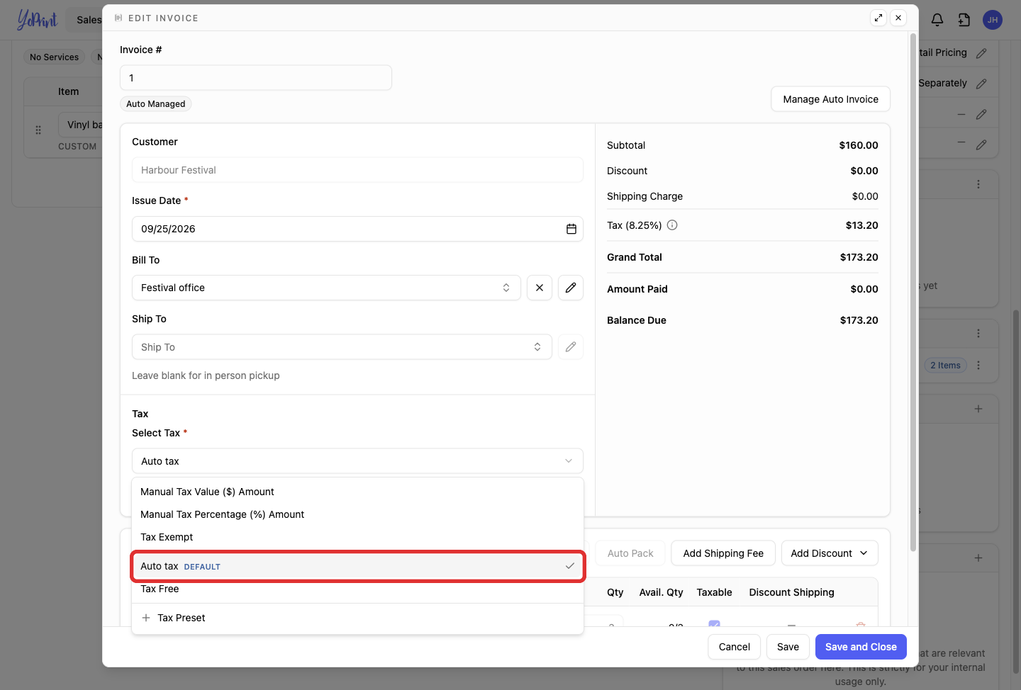 Auto tax in the tax menu