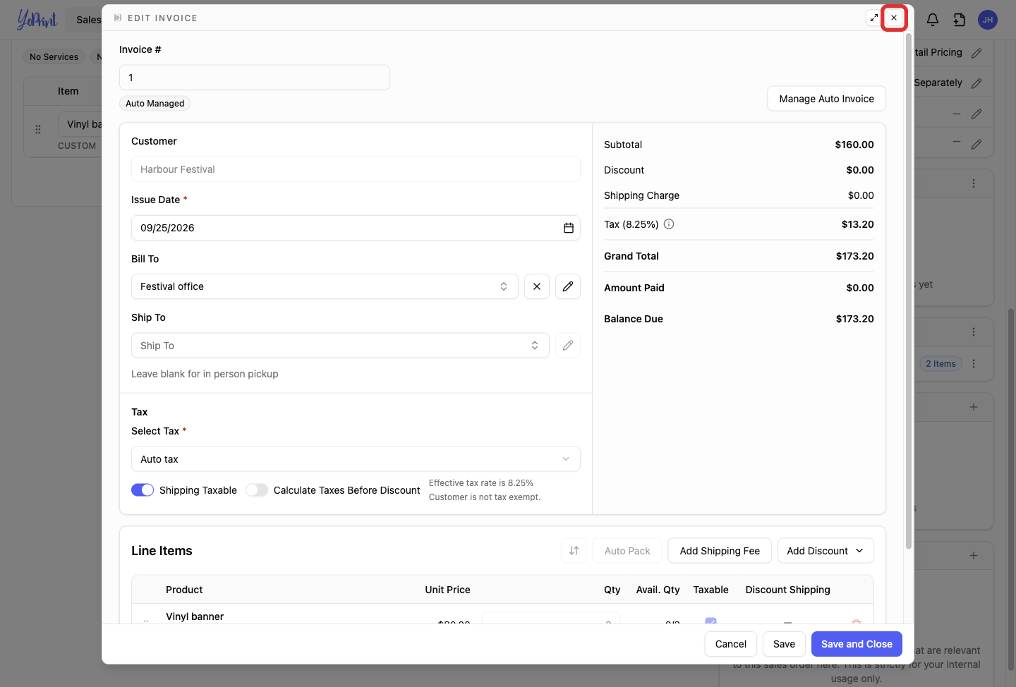 Close button on the invoice dialog