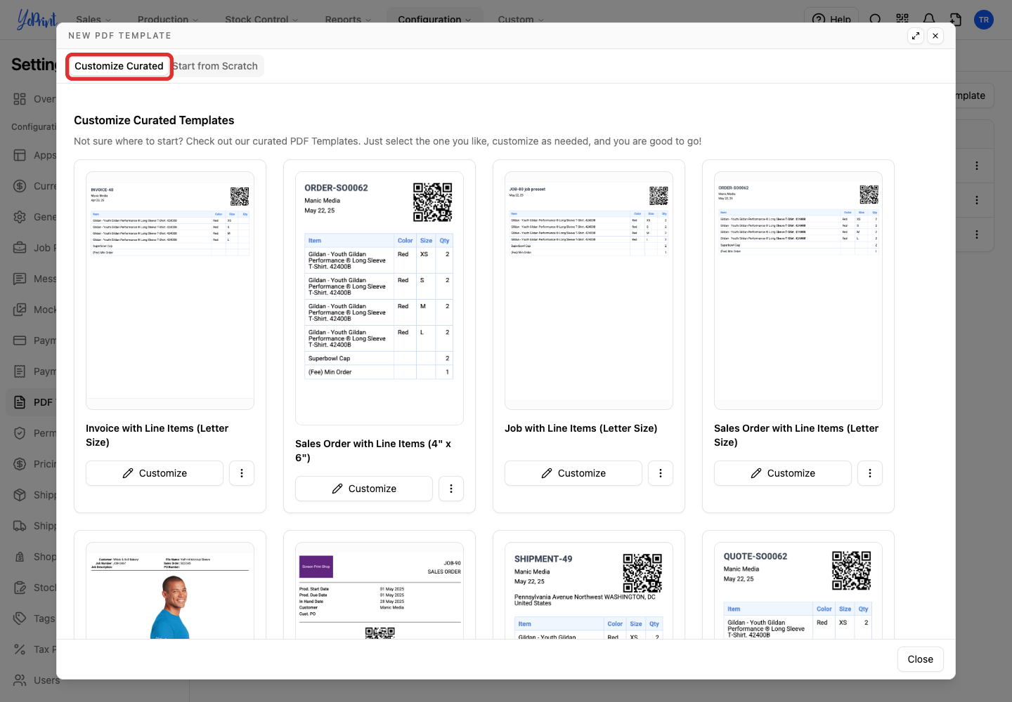 New PDF Template modal highlighting the Customize Curated tab