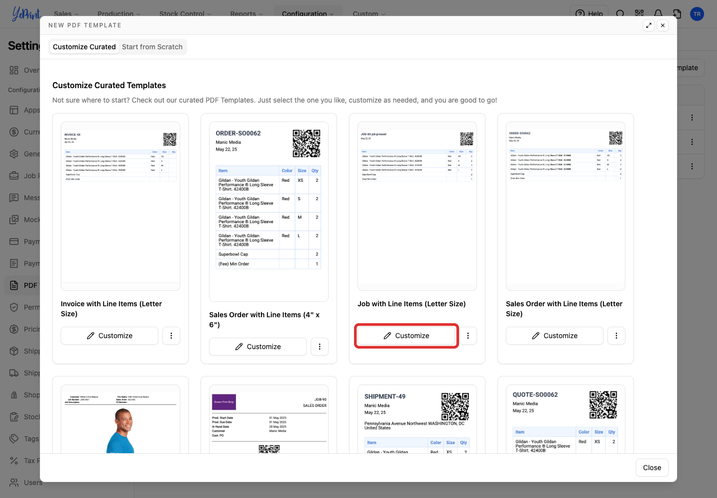 Curated templates grid highlighting Customize on Job with Line Items (Letter Size)