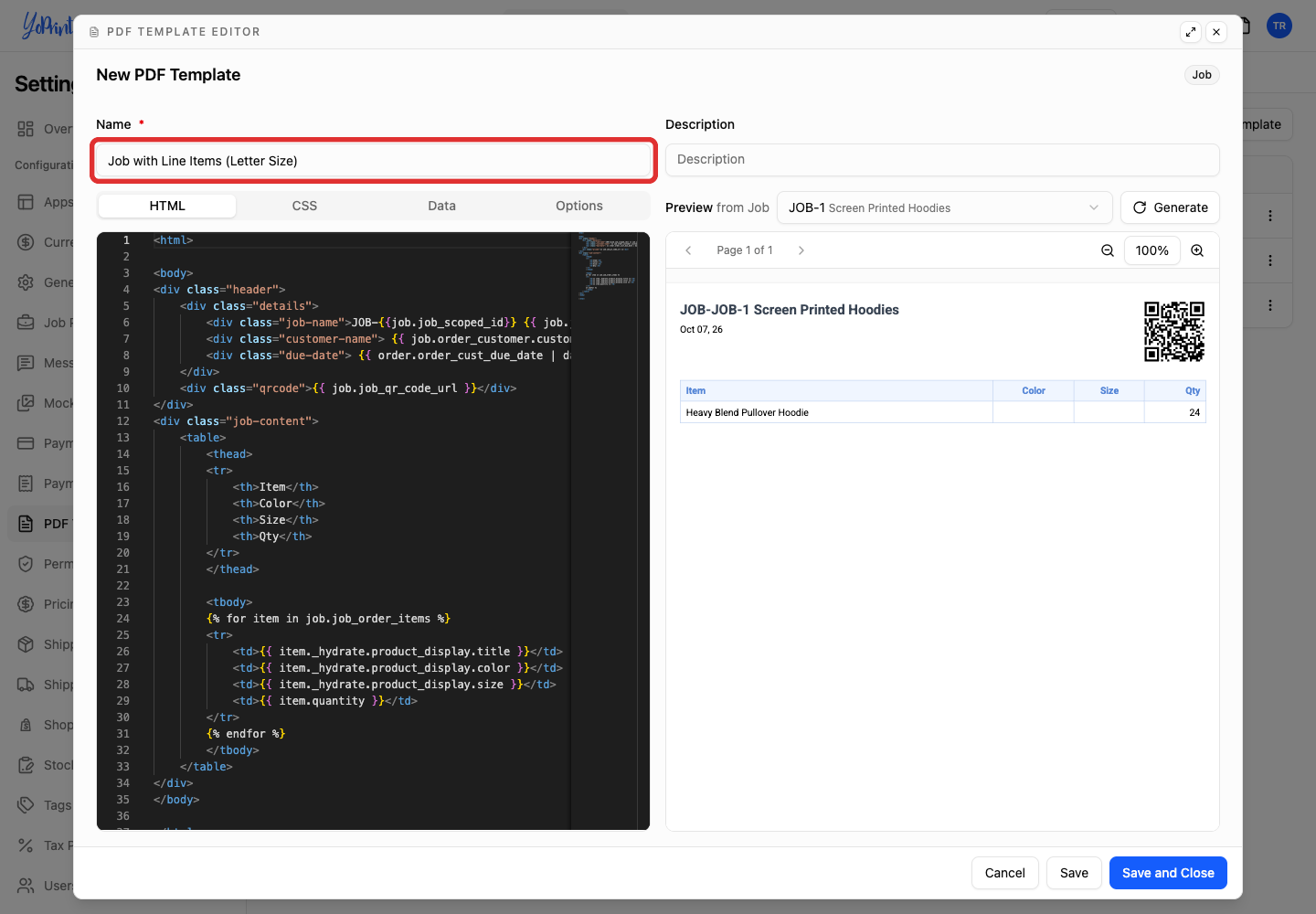 PDF Template Editor highlighting the template Name field