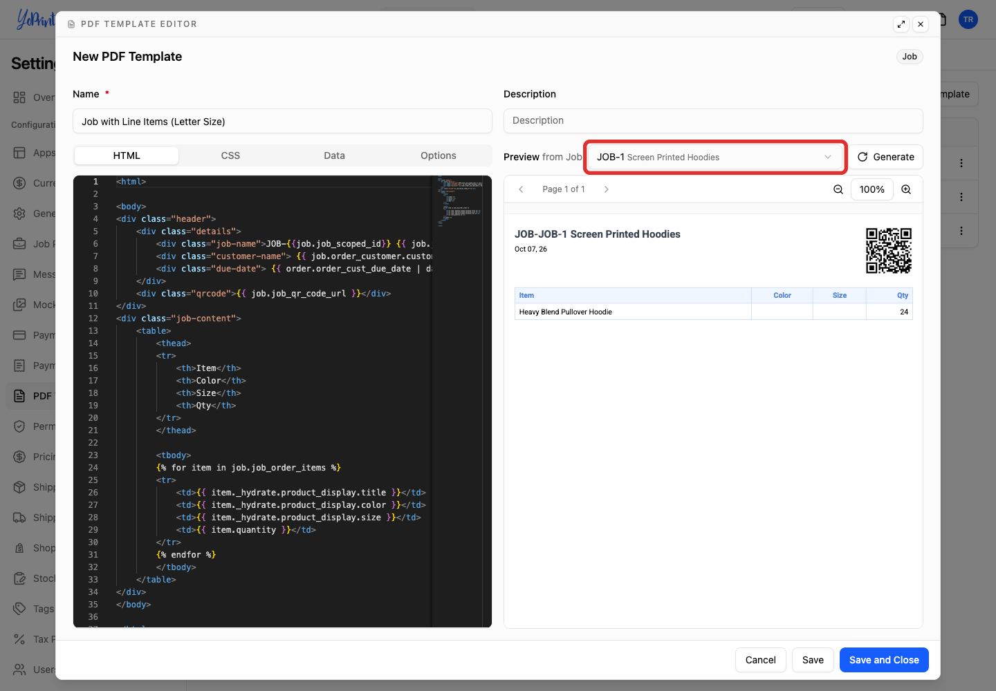 PDF Template Editor highlighting the Preview from Job dropdown