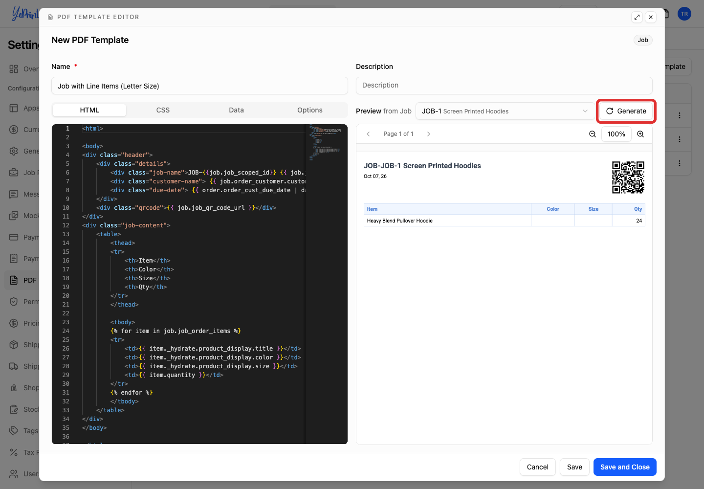 PDF Template Editor highlighting the Generate button with rendered PDF preview