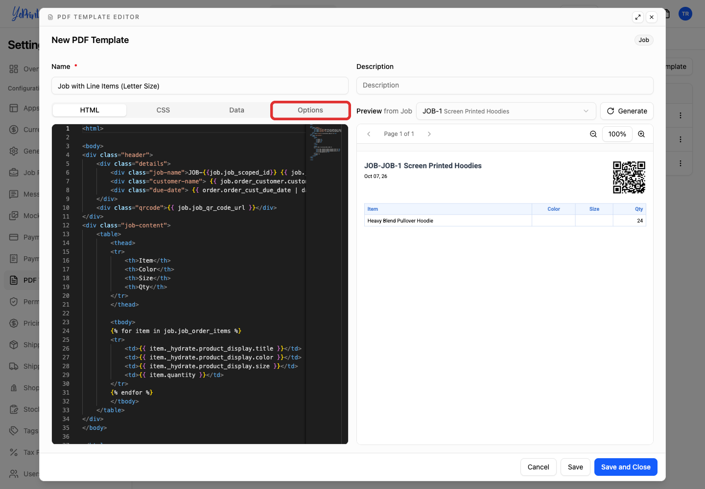 PDF Template Editor highlighting the Options tab