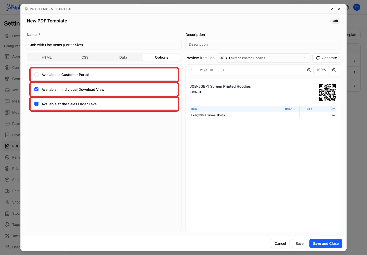 PDF Template Editor Options tab highlighting download visibility checkboxes