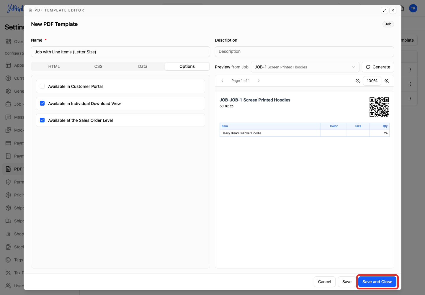 PDF Template Editor highlighting the Save and Close button