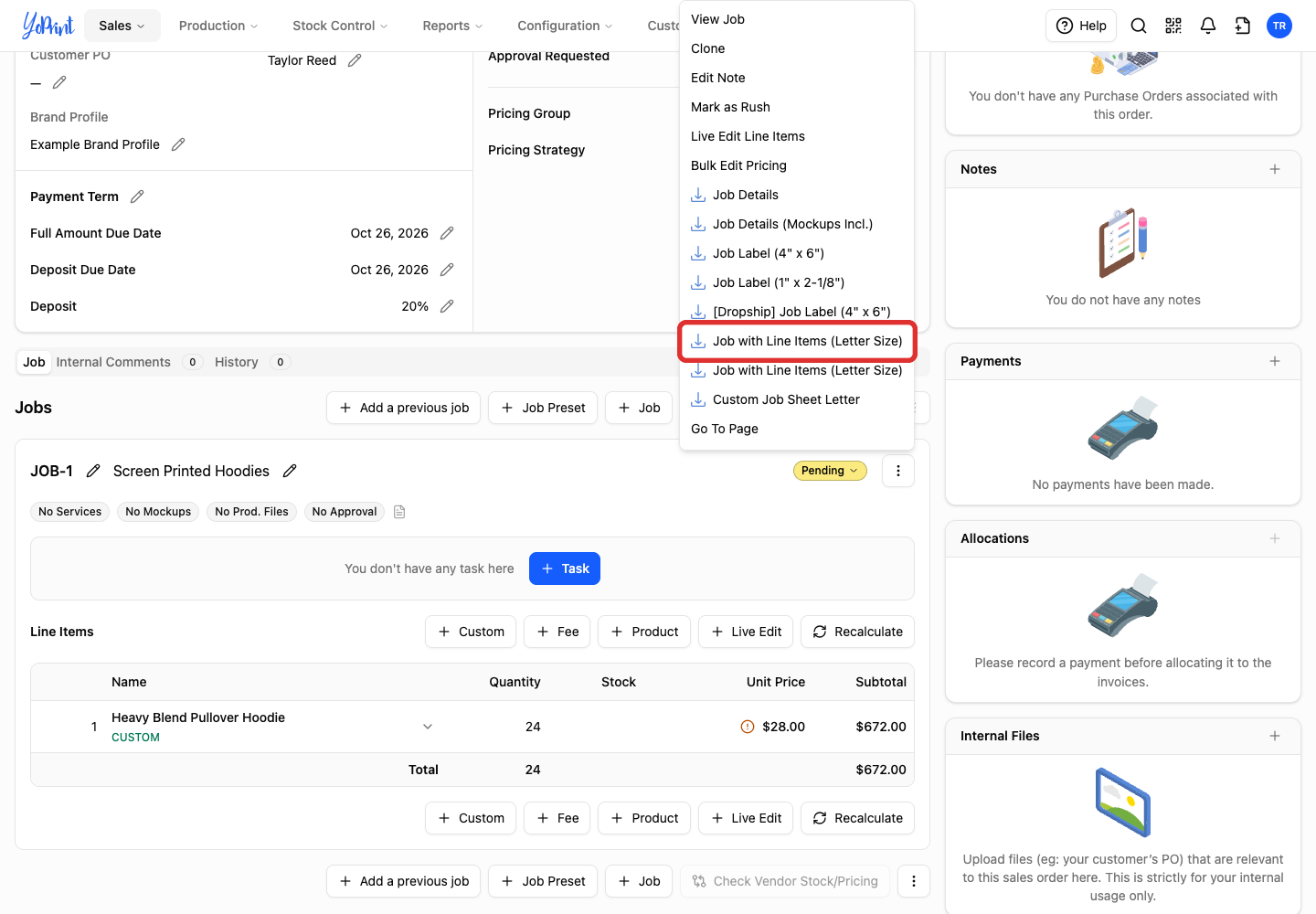 Job More actions menu highlighting the custom PDF job sheet download option