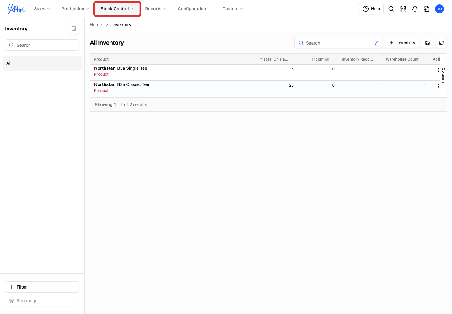 Stock Control in the top navigation