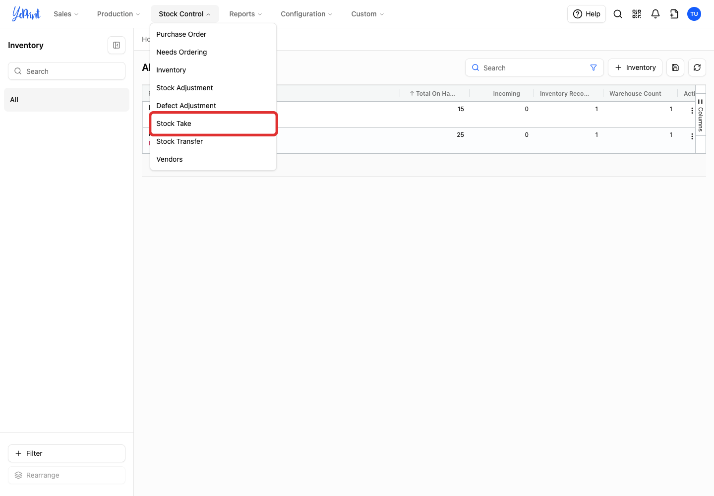 The Stock Take option in the Stock Control menu