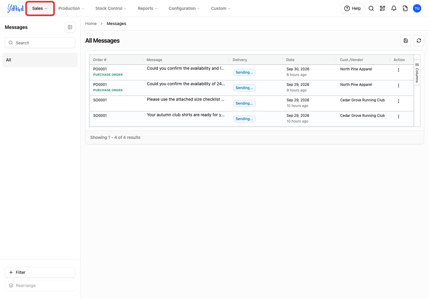 Sales menu in YoPrint
