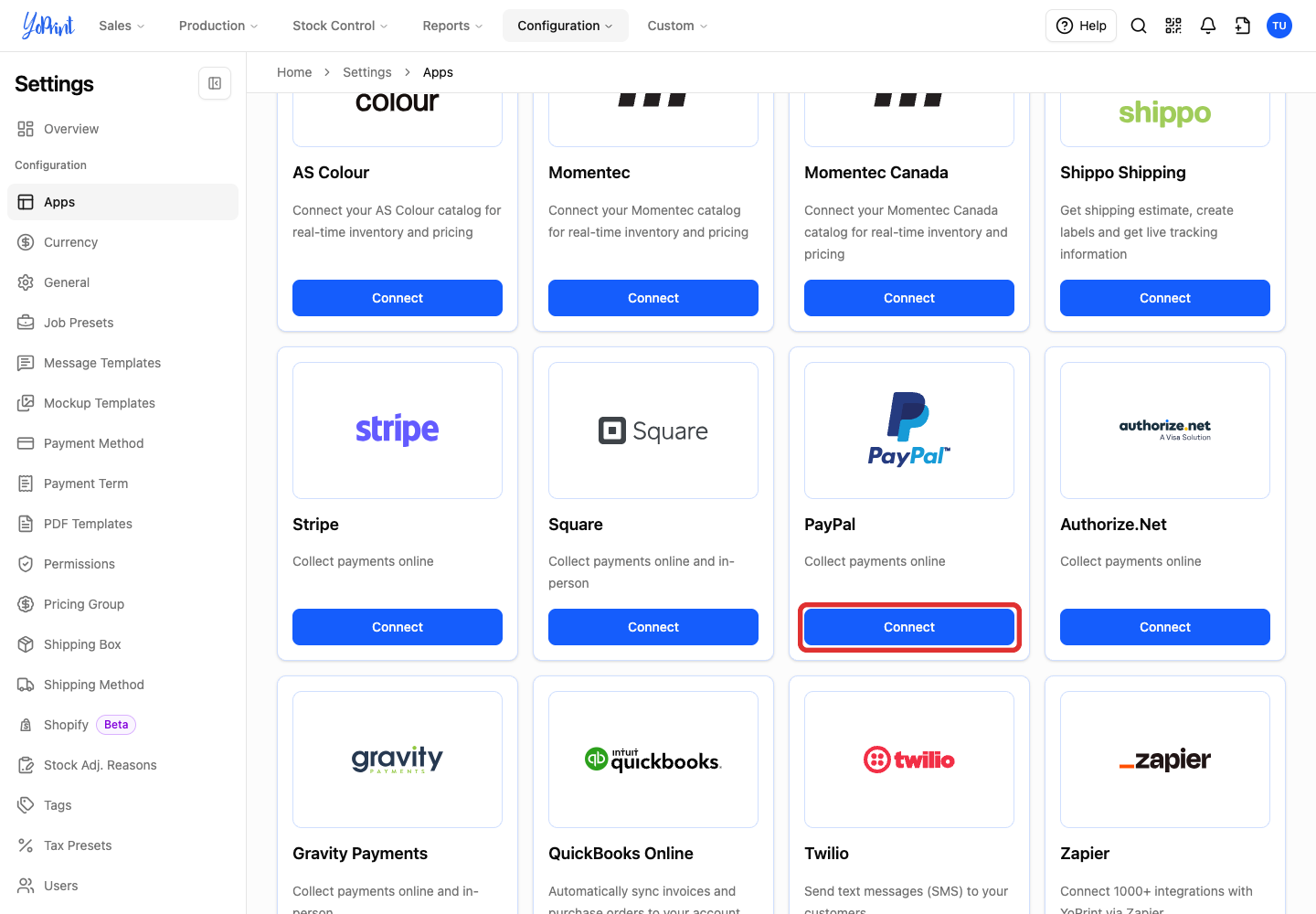 Connect on the PayPal card in Apps