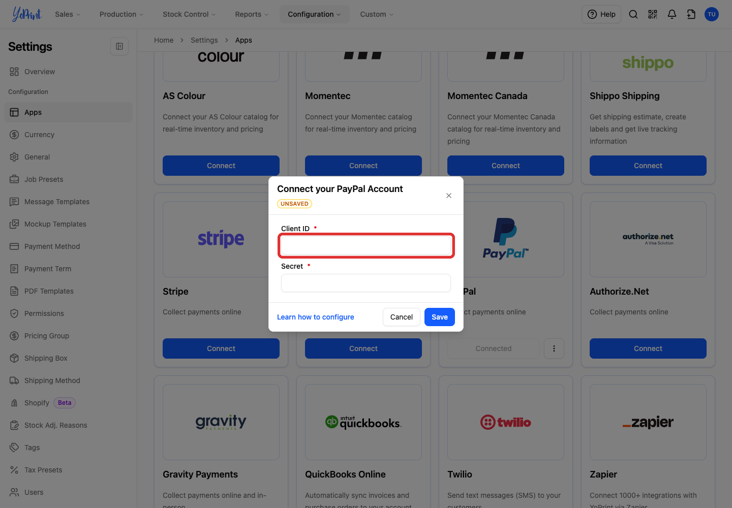 Client ID in Connect your PayPal Account