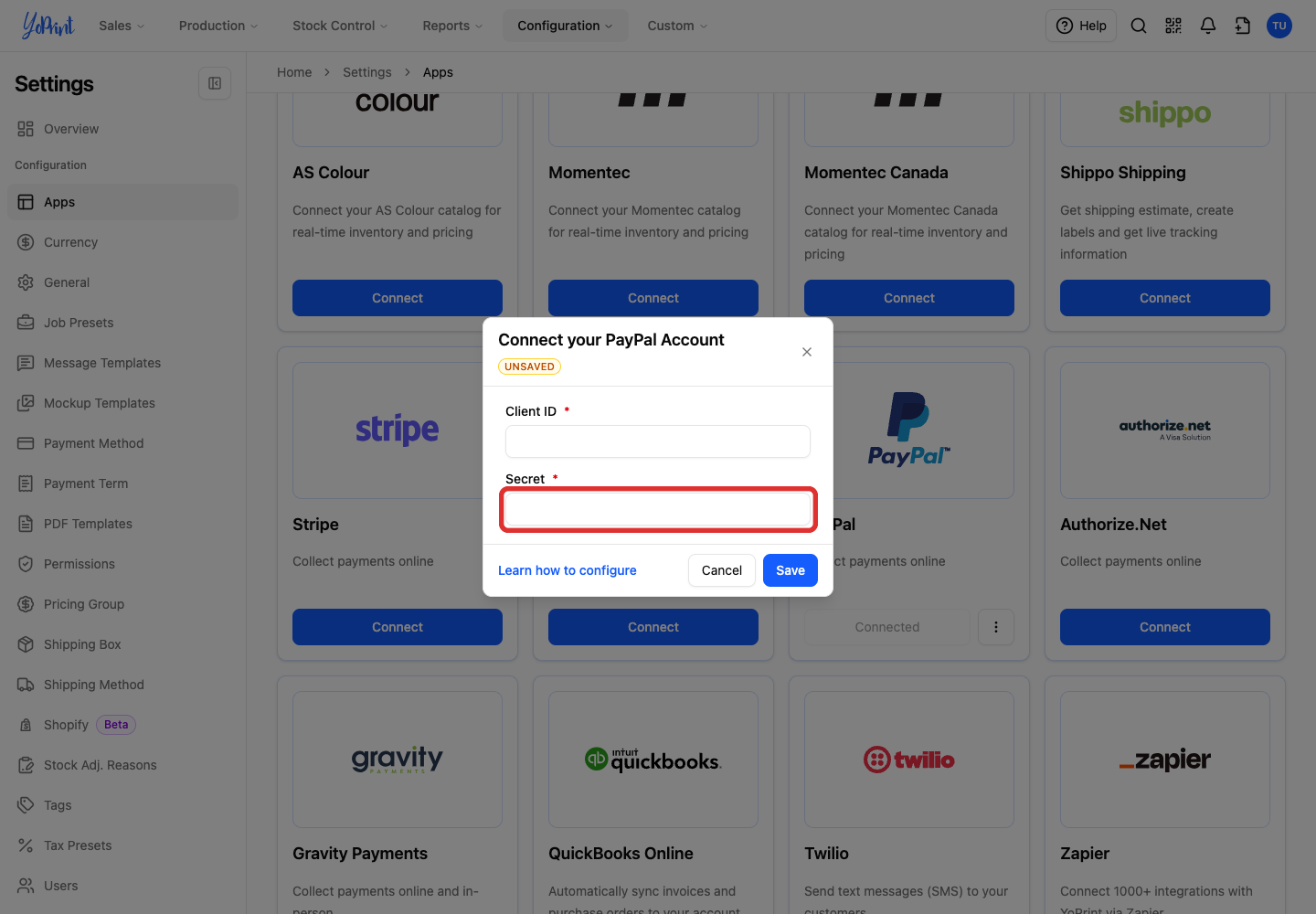 Secret in Connect your PayPal Account