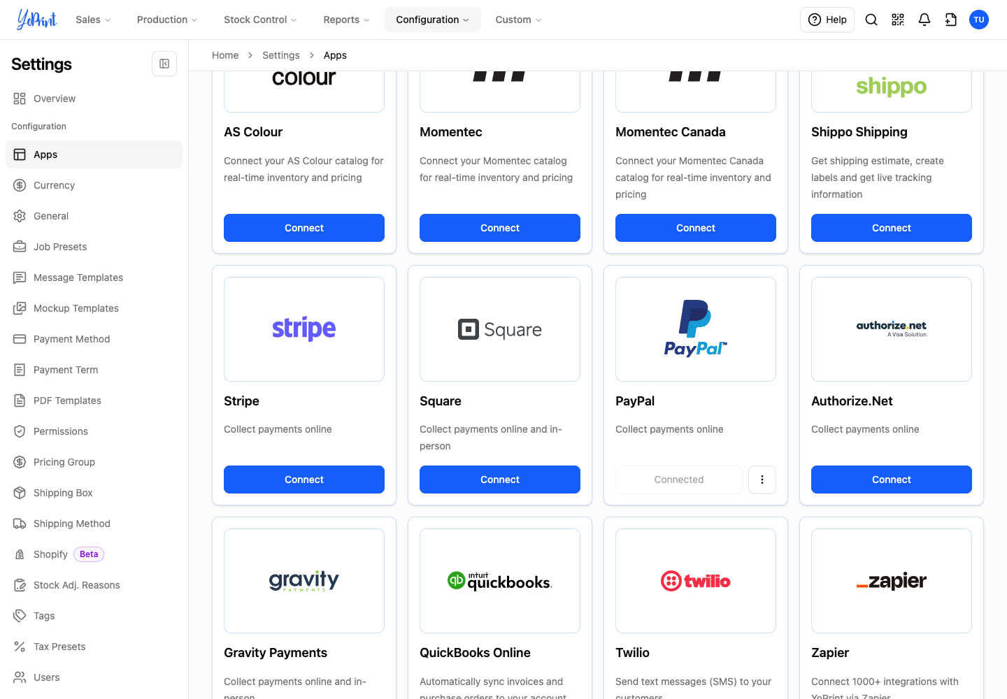 The PayPal card showing Connected