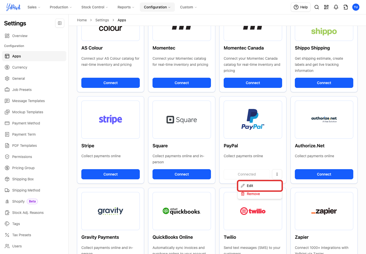 Edit in the PayPal actions menu