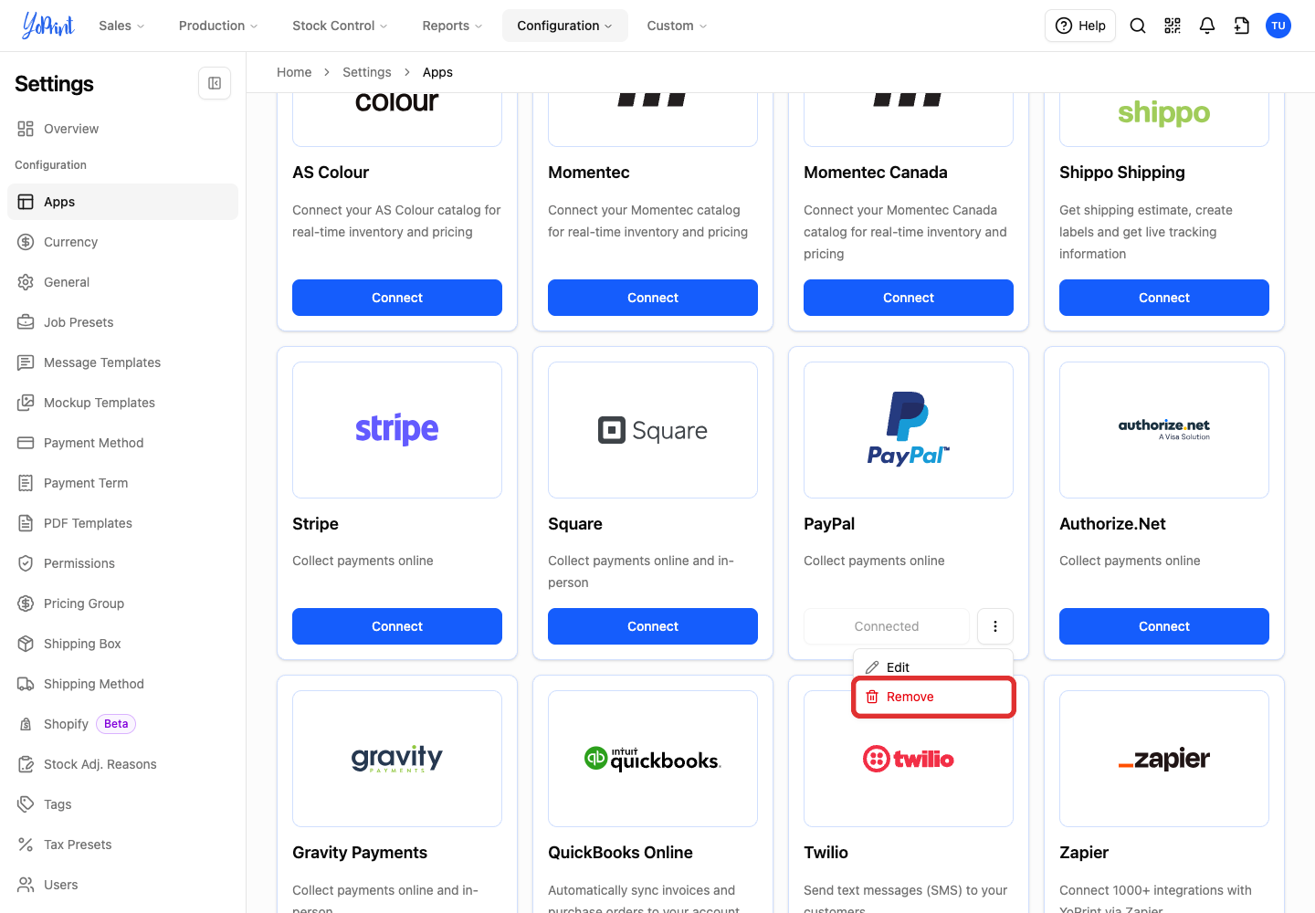 Remove in the PayPal actions menu