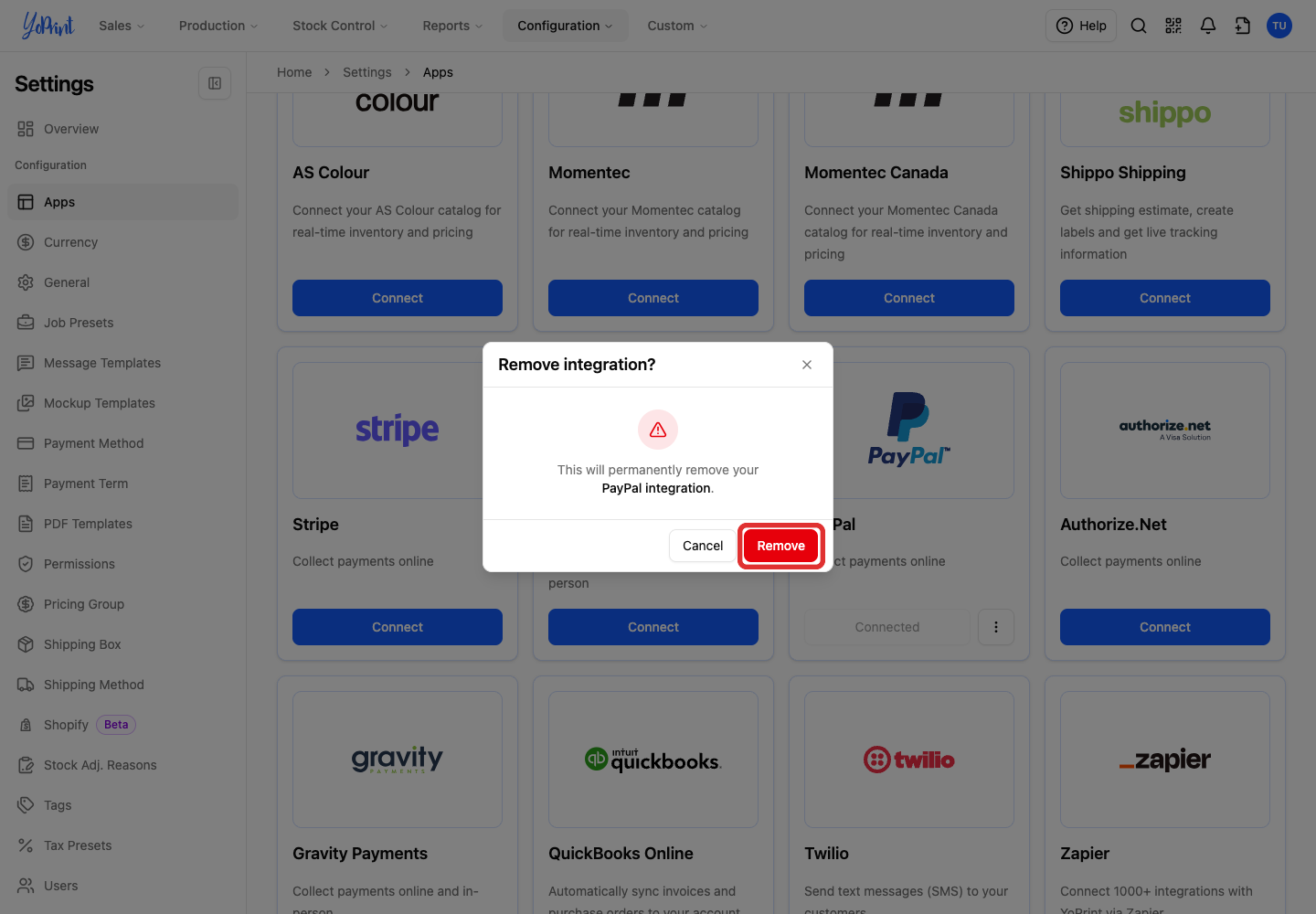 Remove in the PayPal confirmation dialog