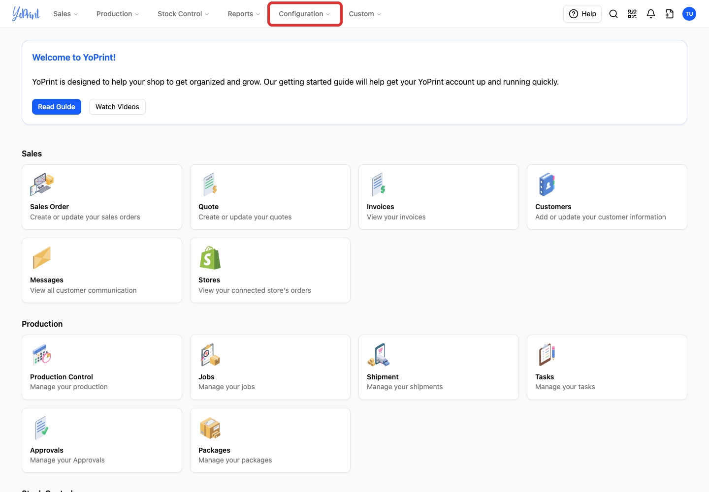 Configuration in the top navigation