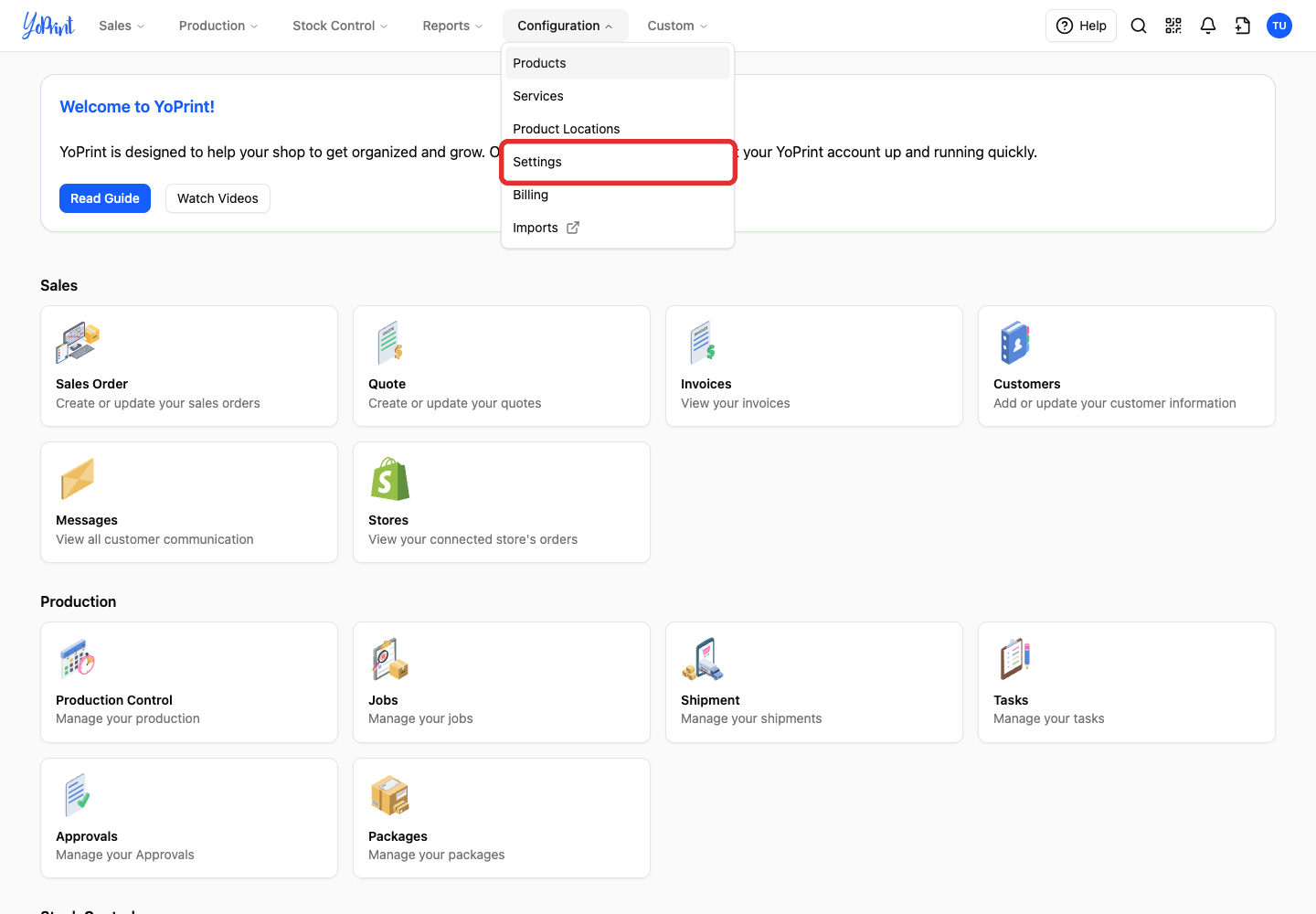 Settings in the open Configuration menu