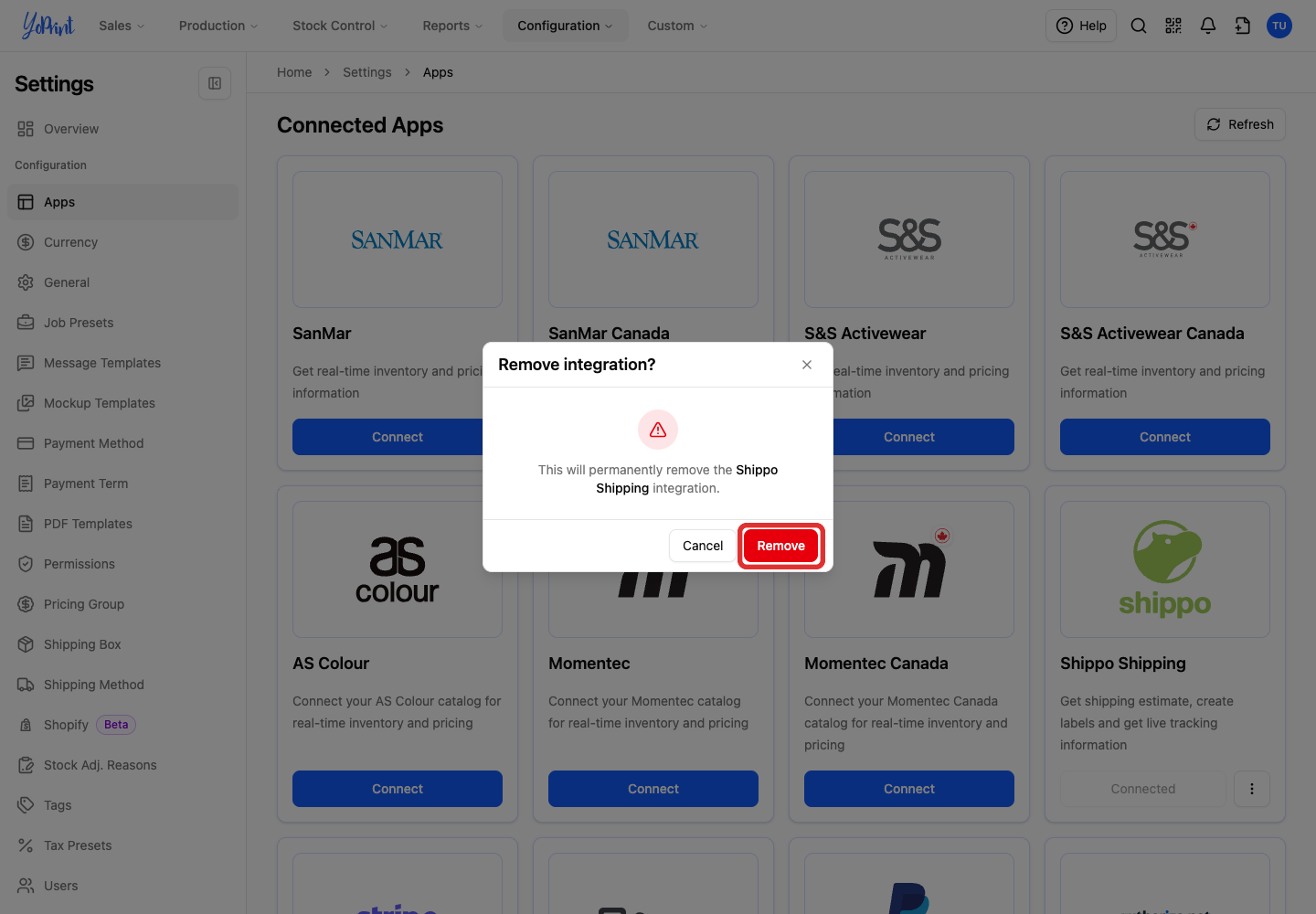 The confirmation dialog for removing Shippo Shipping
