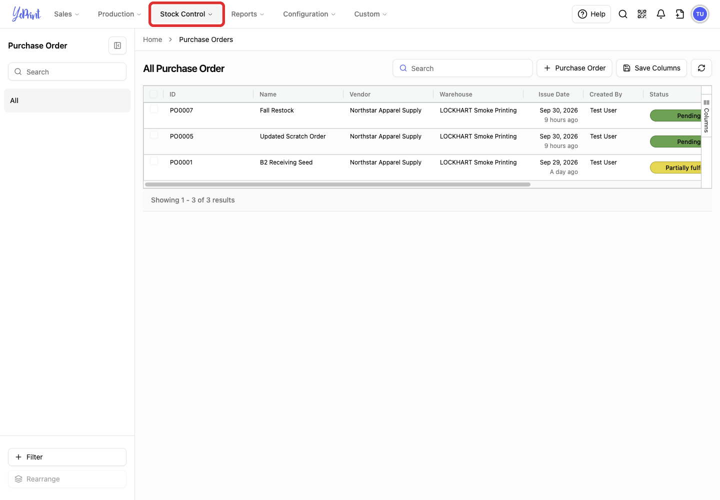 Click Stock Control in the top navigation