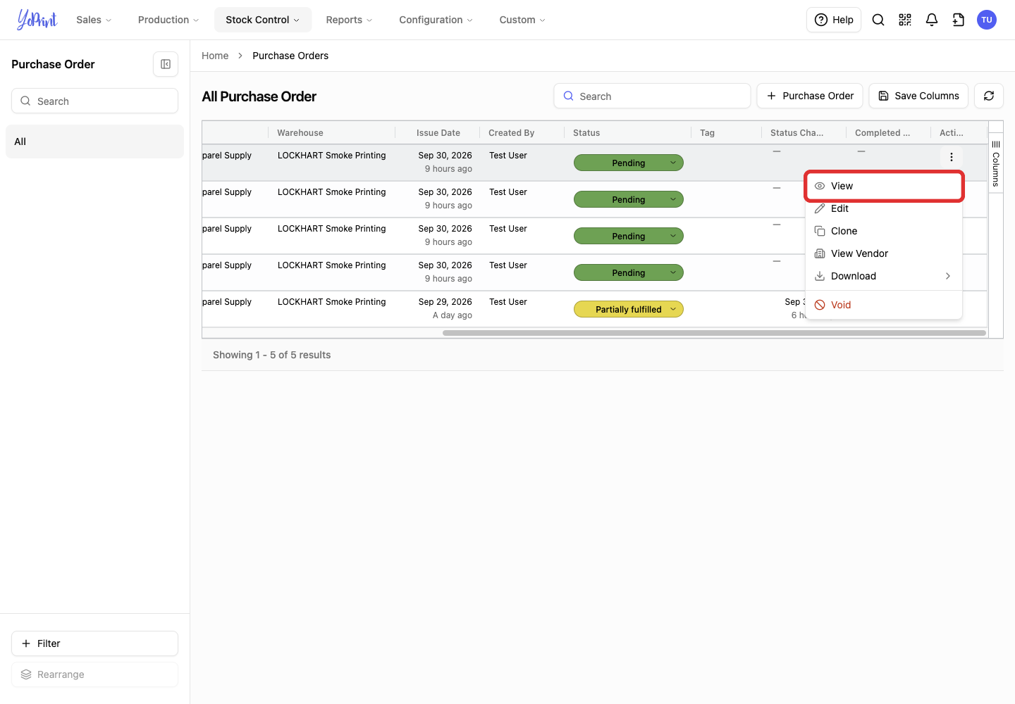 View option in the purchase order row actions menu