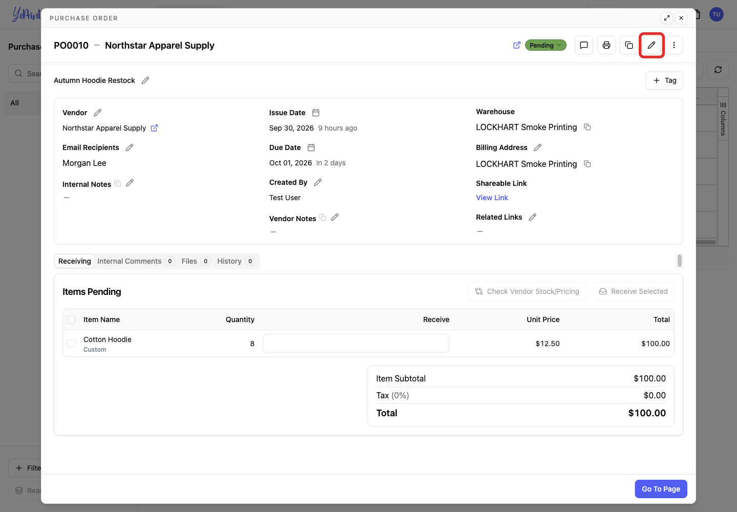 Edit action on the purchase order detail page