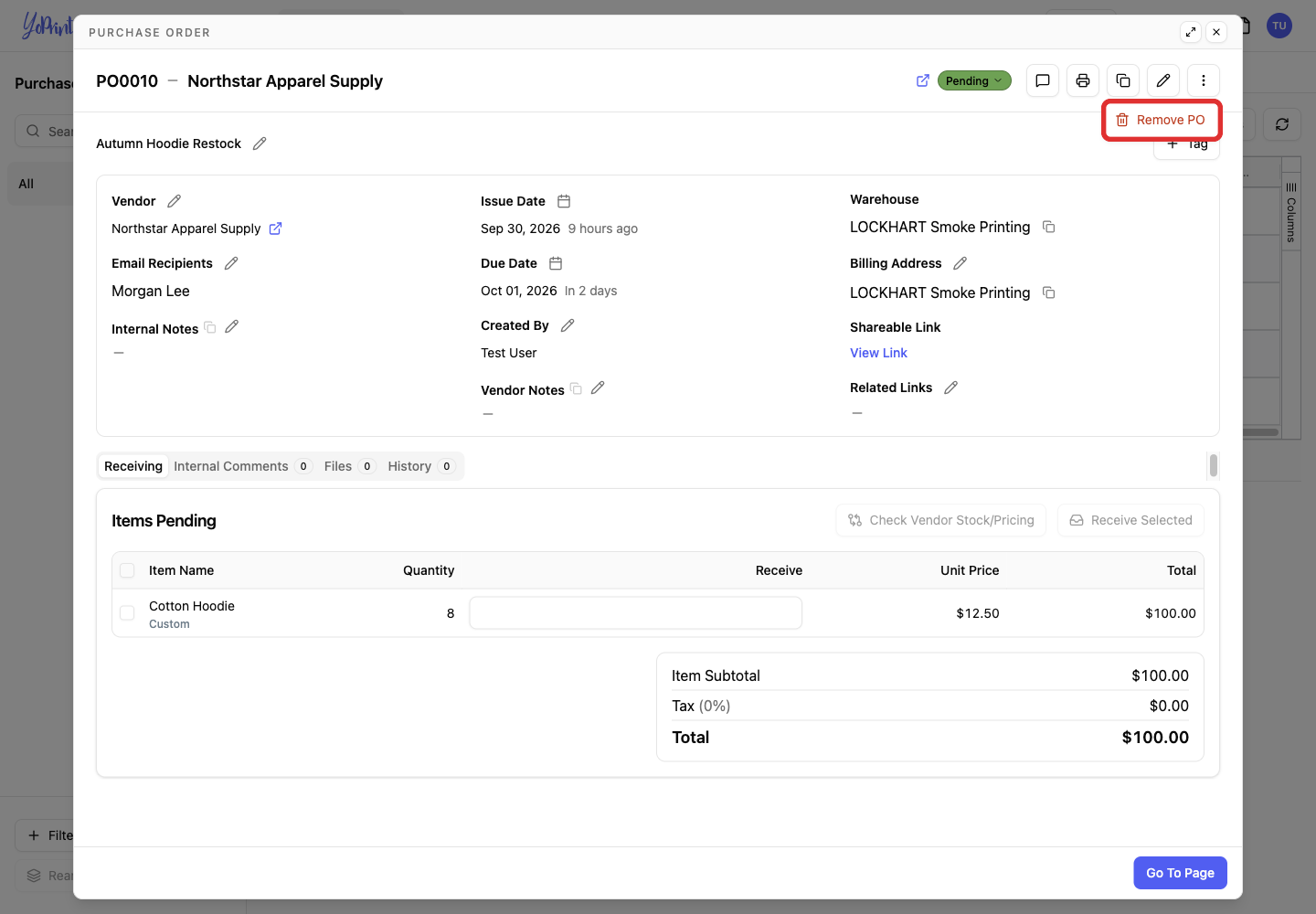 Remove PO in the detail page More actions menu