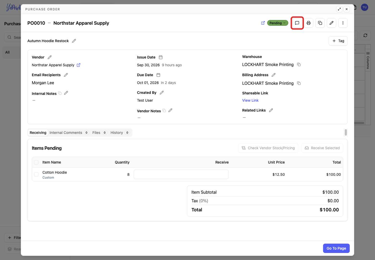 Message action on the purchase order detail page