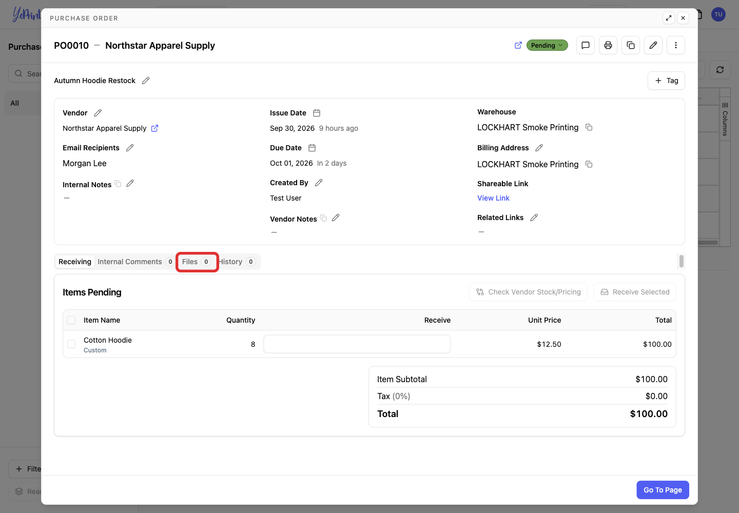Files tab on the purchase order detail page