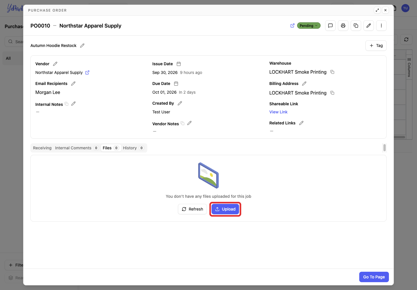 Upload button on the Files tab